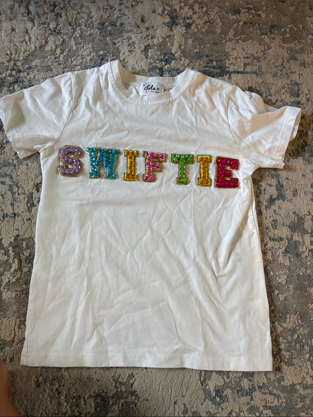Lola + The Boys Size 8 White Tee with Multicolor Sequin 'SWIFTIE' Letters.